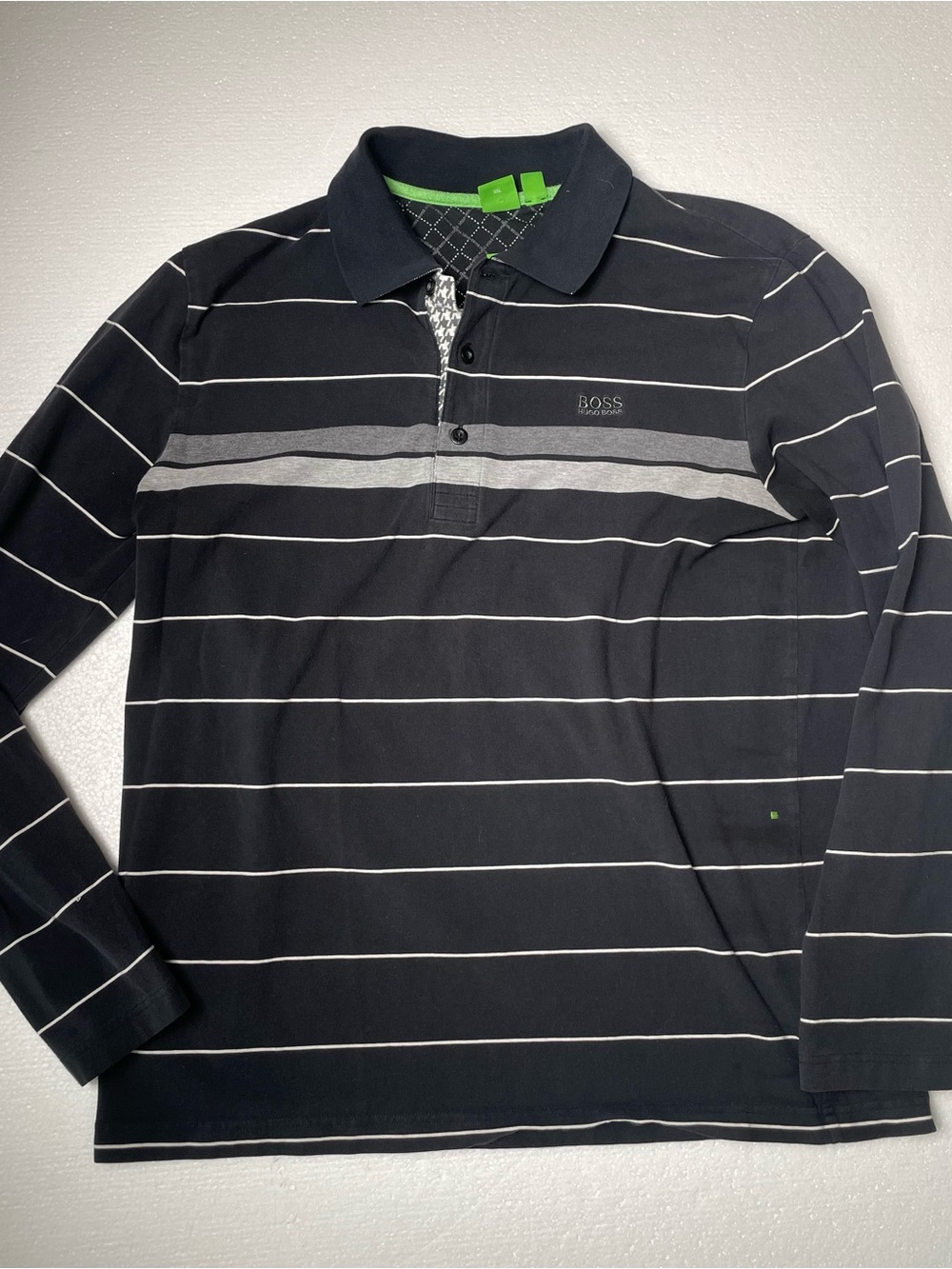 Boss Hugo Boss Black Long-Sleeve Polo with White and Gray Stripes
